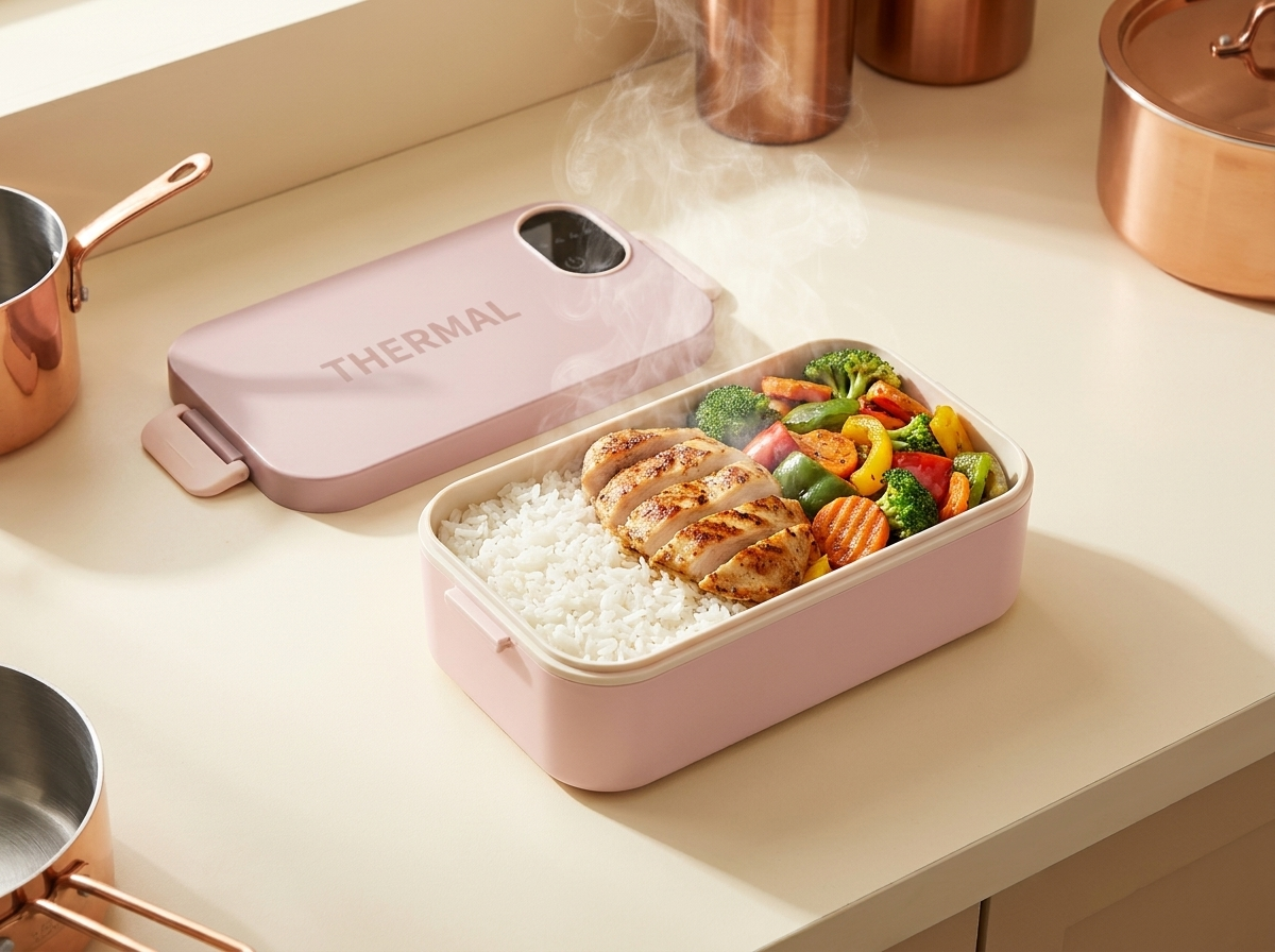 Open ThermalBox with steaming hot meal inside