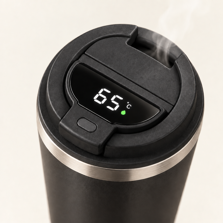 Close-up of the smart lid temperature display showing 65°C