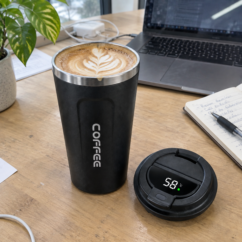 Smart coffee cup with a flat white on an office desk, lid off beside it