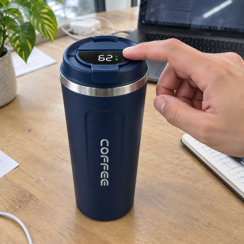 Tapping the smart lid to check the drink's temperature