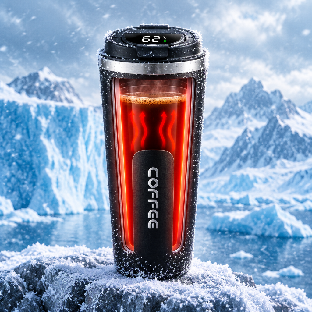 Insulated cup keeping coffee hot in the Arctic cold